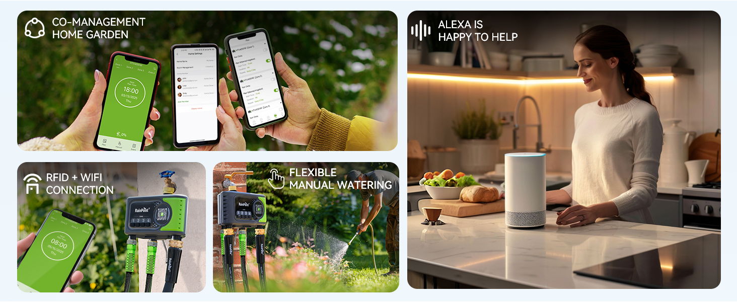 Collage of smart devices and a woman using a kitchen appliance.