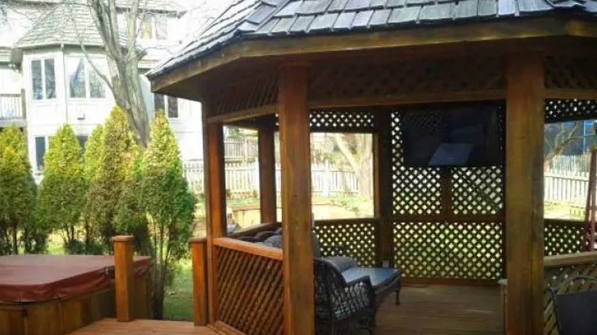 Outdoor TV enclosure pictured in gazebo protects from water, storms, theft, and much more