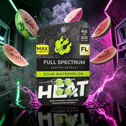 Full spectrum kratom extract packaging with watermelon theme and vibrant background.