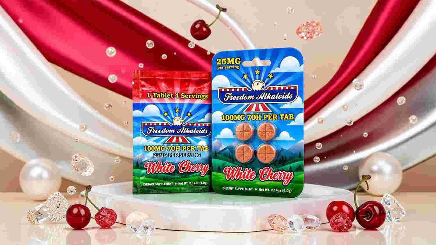 Two packages of candy on a decorative background with red and white accents.