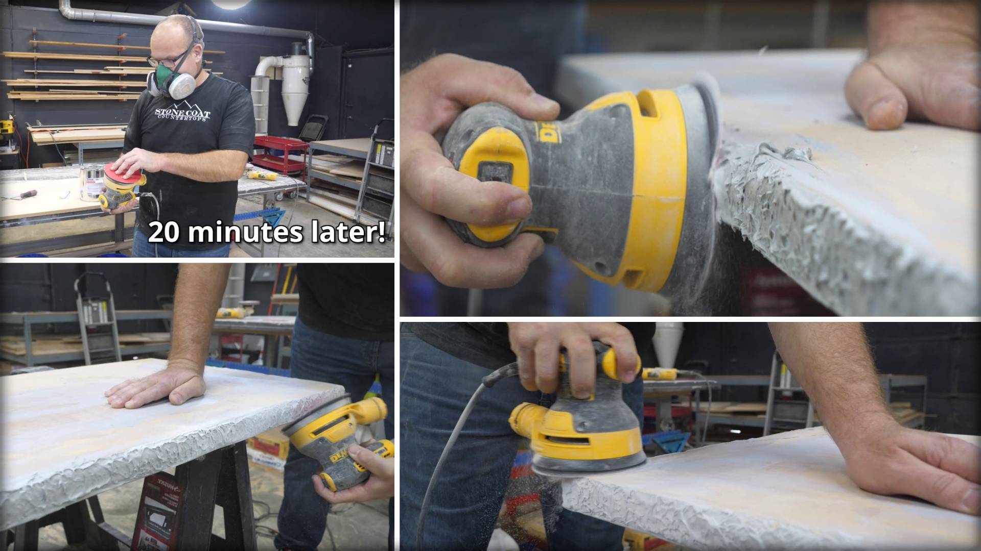 Step 4 of a DIY project: Sanding the rock face edge of a Bondo-covered MDF countertop.