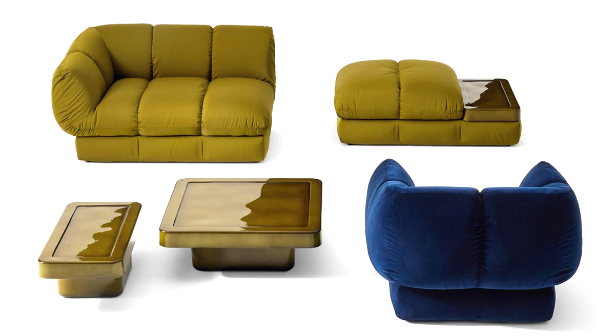 Stylish yellow and blue sofas with unique coffee tables.
