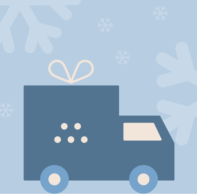 An illustrated truck decorated with a bow and Misen logo, implying shipped holiday gifts.
