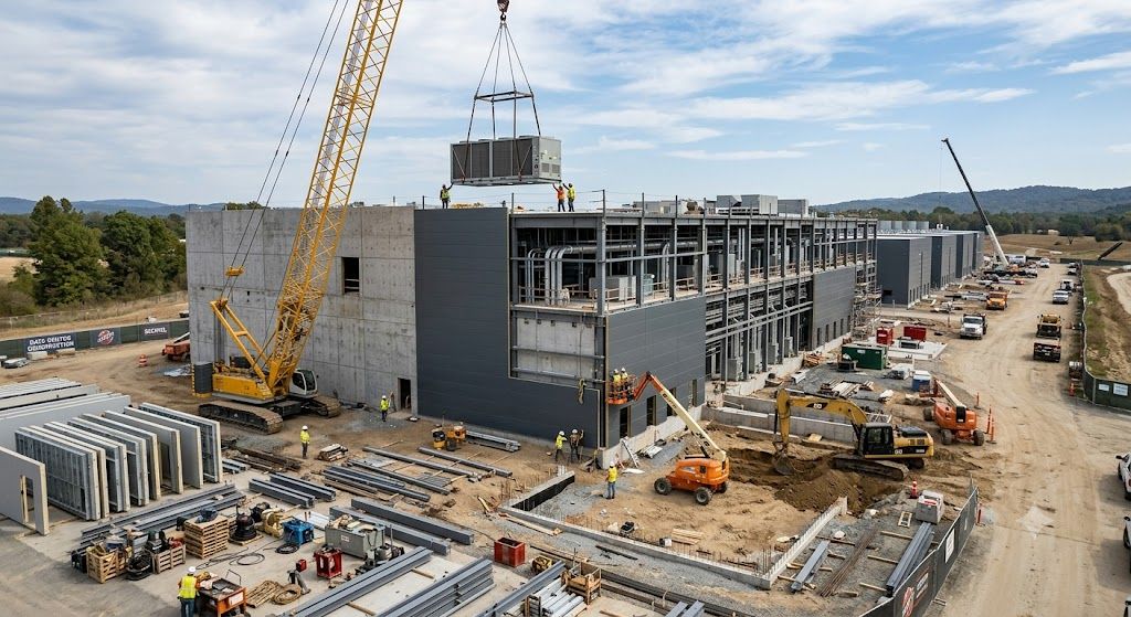 Data center construction site with cranes and machinery, building a large structure.