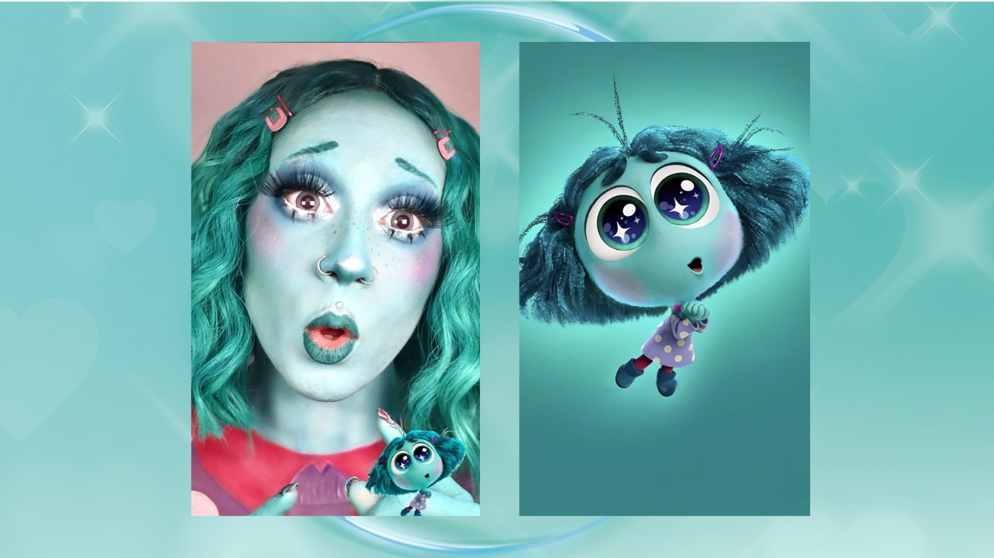 Envy cosplay makeup tips showing a cosplayer next to Inside Out 2 Envy illustration, featuring dramatic green eyeshadow, big lashes, shimmer accents, and glossy pale green lips.