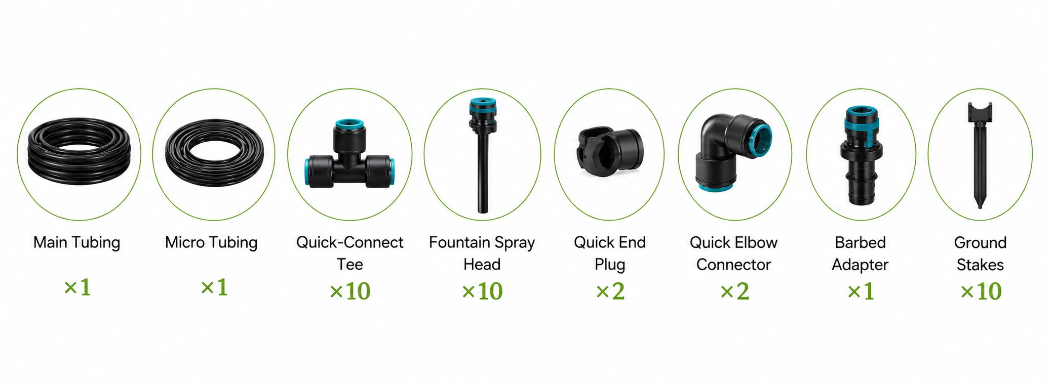 Various plumbing connectors and fittings with corresponding quantities.