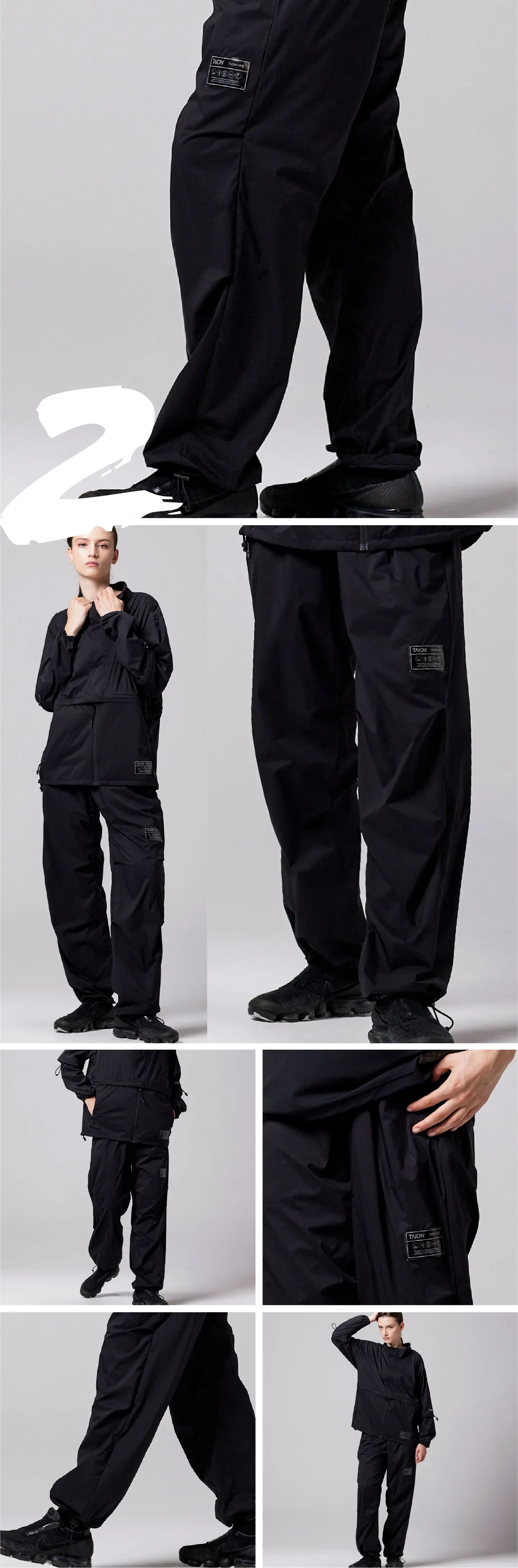 Person wearing black pants and shirt, posing in various angles.