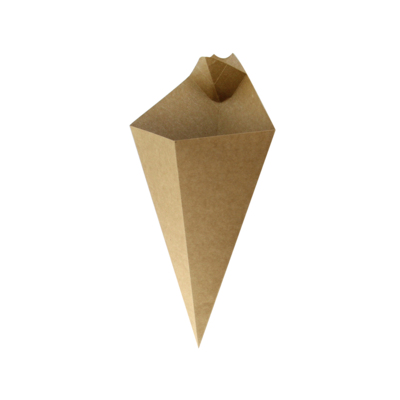 A kraft paper food cone with a sauce cup built into the tip