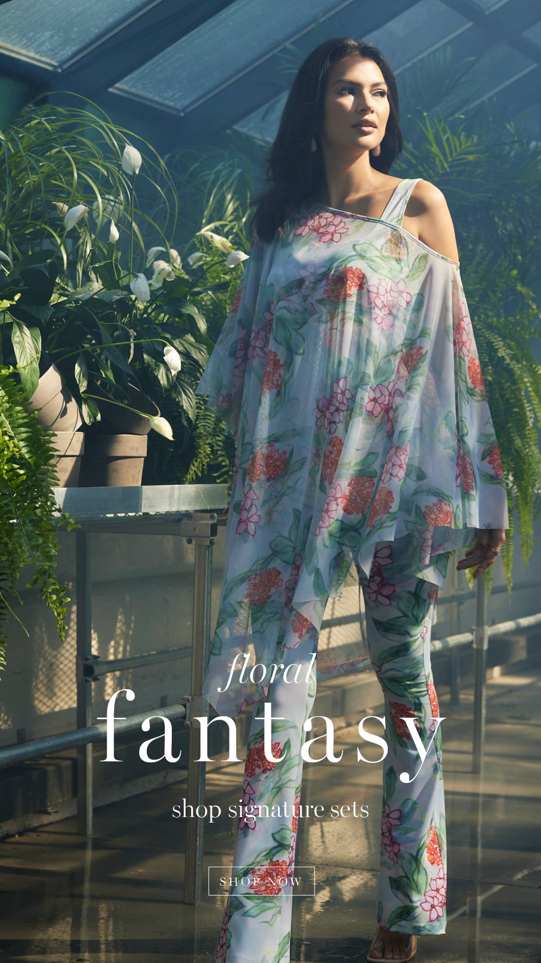 floral fantasy | shop signature sets | Woman wearing mesh floral topper over matching tank tops and pants in a greenhouse for woman's warm weather clothing