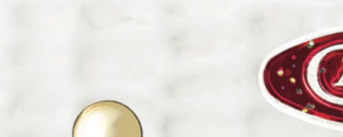 Abstract design featuring a gold shape and red curved elements.