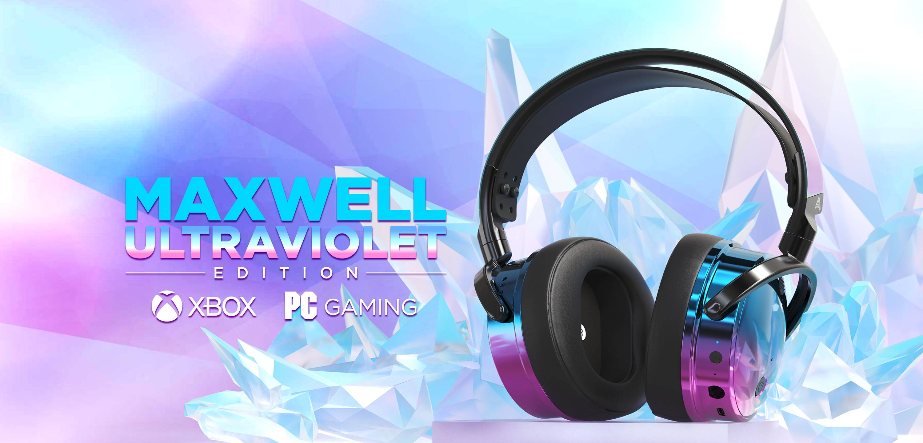 Maxwell Ultraviolet headphones with colorful design and crystal-like background, featuring 