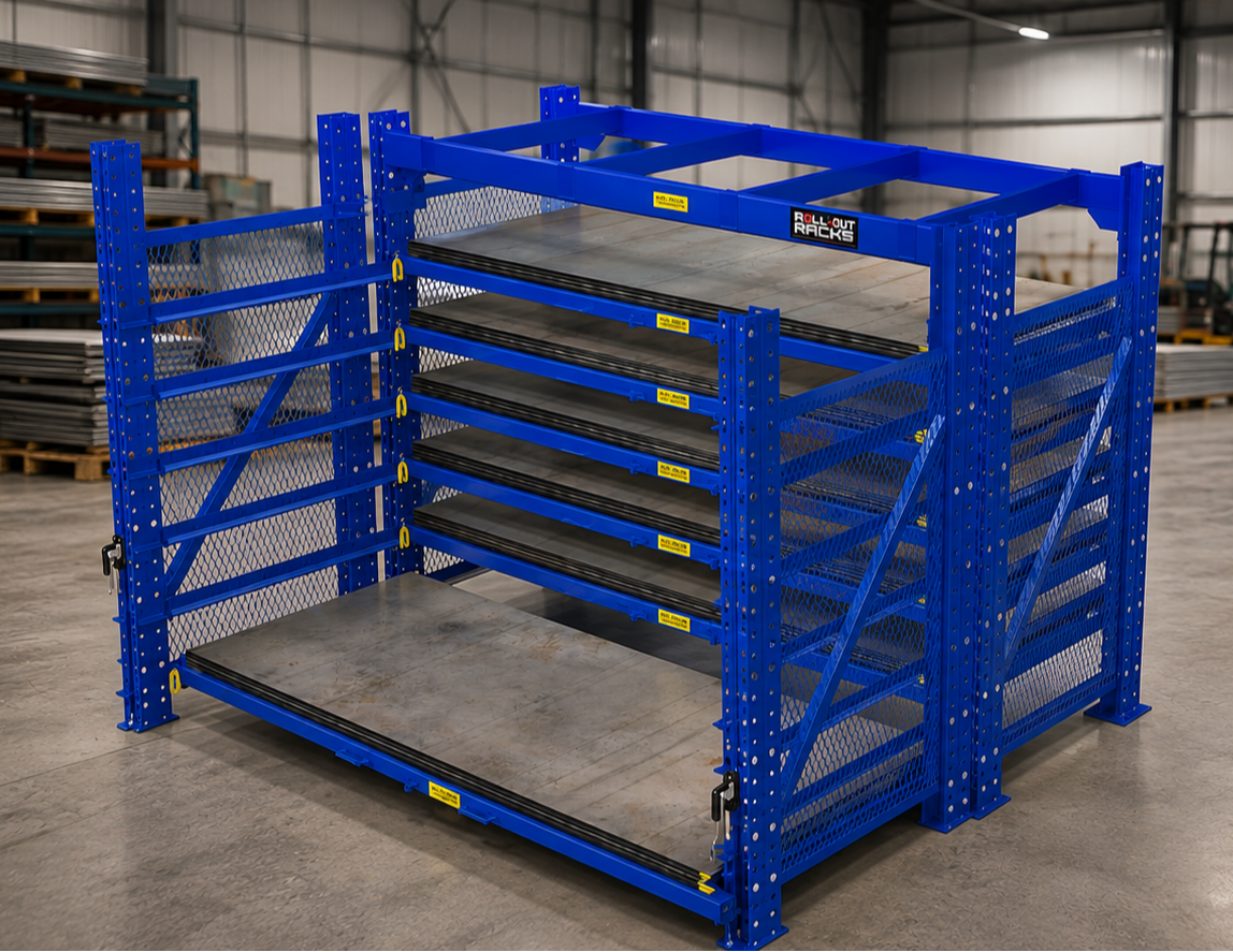 Industrial warehouse with metal racks and a forklift.