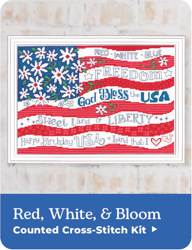 Cross-stitch kit featuring a patriotic American flag design. Red, White & Bloom Counted Cross-Stitch Kit