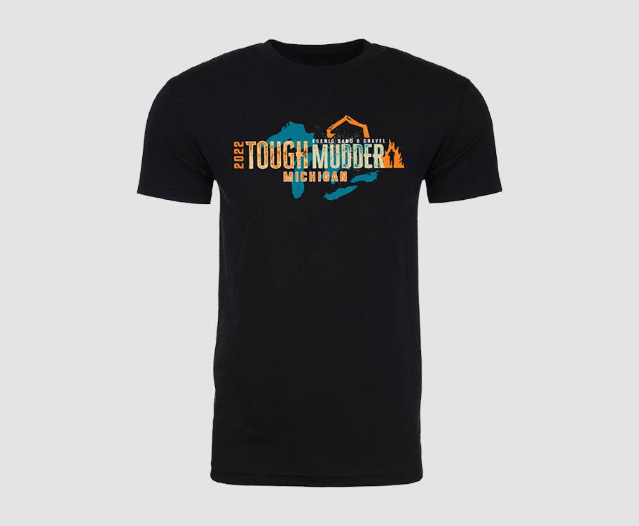 A product image of a black tough mudder venue t-shirt representing the 2022 Michigan event.
