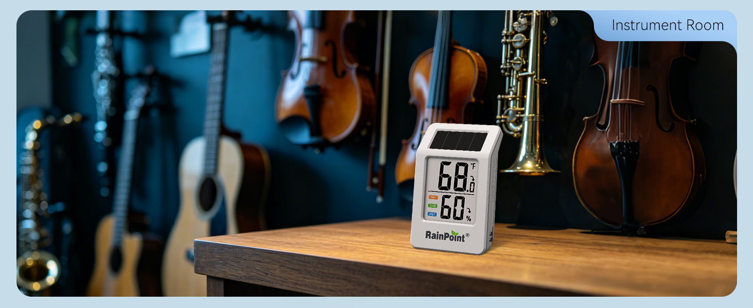 A digital clock surrounded by various musical instruments on a shelf.