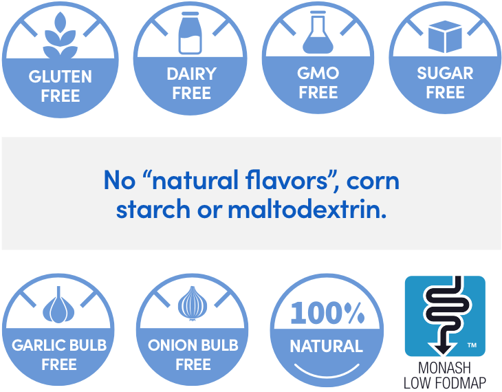 Gluten free, fairy free, GMO free, sugar free, garlic bulb free, onion bulb free, 100% natural, low FODMAP, no 