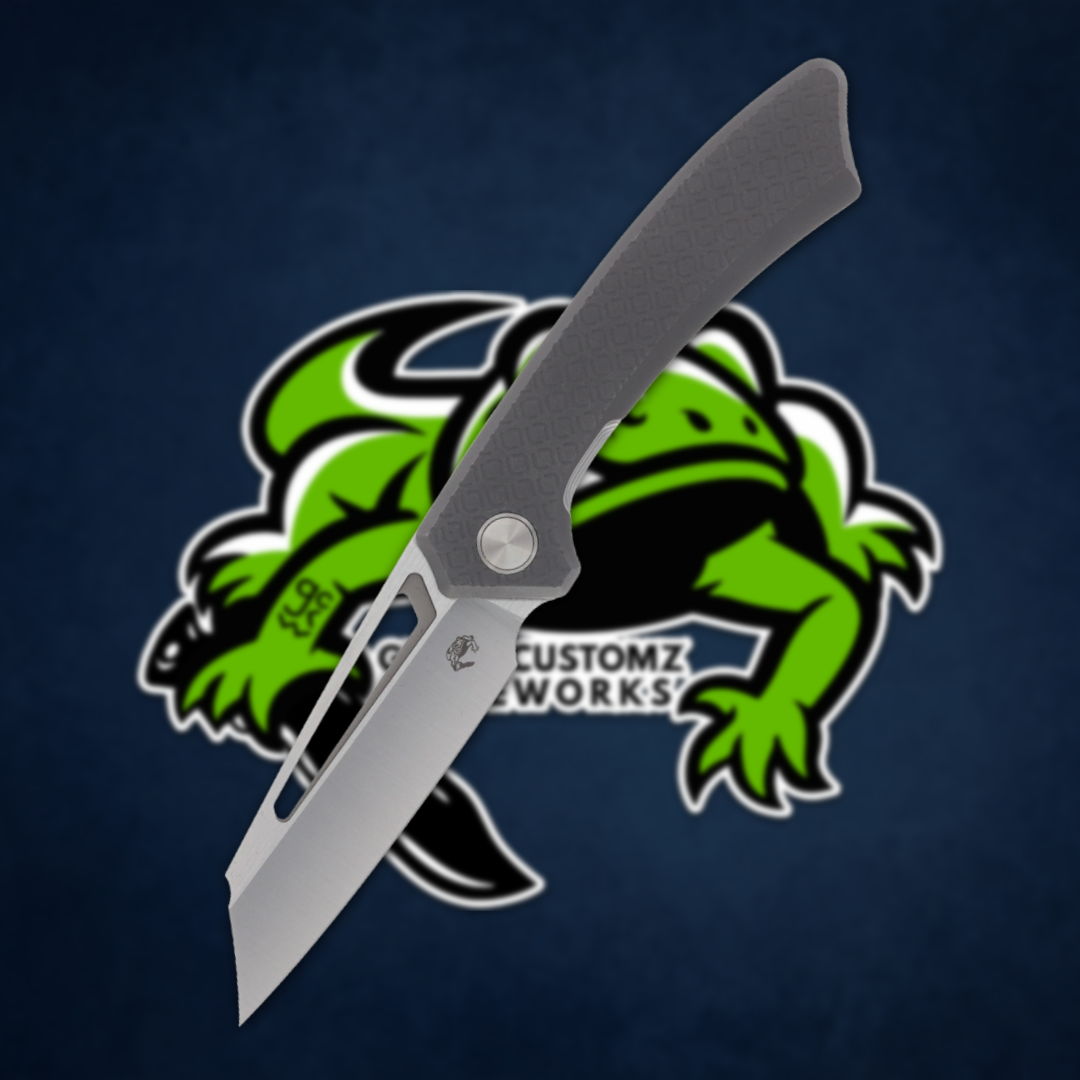 Image of a folding knife with a custom logo background.