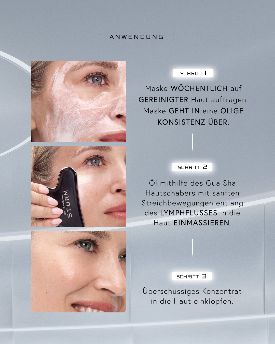 Instructions for skincare application with images of facial treatment steps.