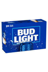 A 24-pack of Bud Light beer cans in a blue box.
