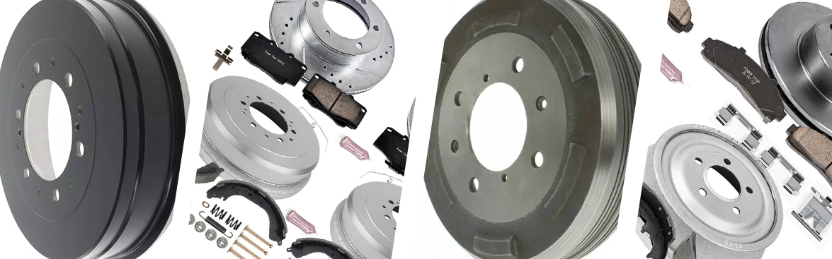 Photo collage of brake drums and brake drum kits for automobiles.