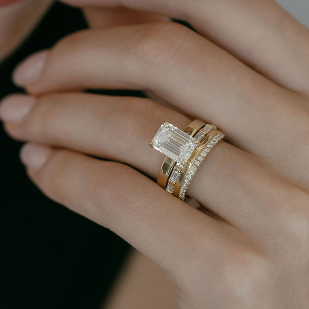 Emerald Wide Band Stacked With East West Emerald Cut Band and Half and Half Diamond Band