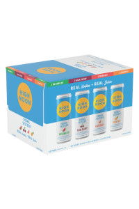 Four-pack beverage box with colorful labels and branding.