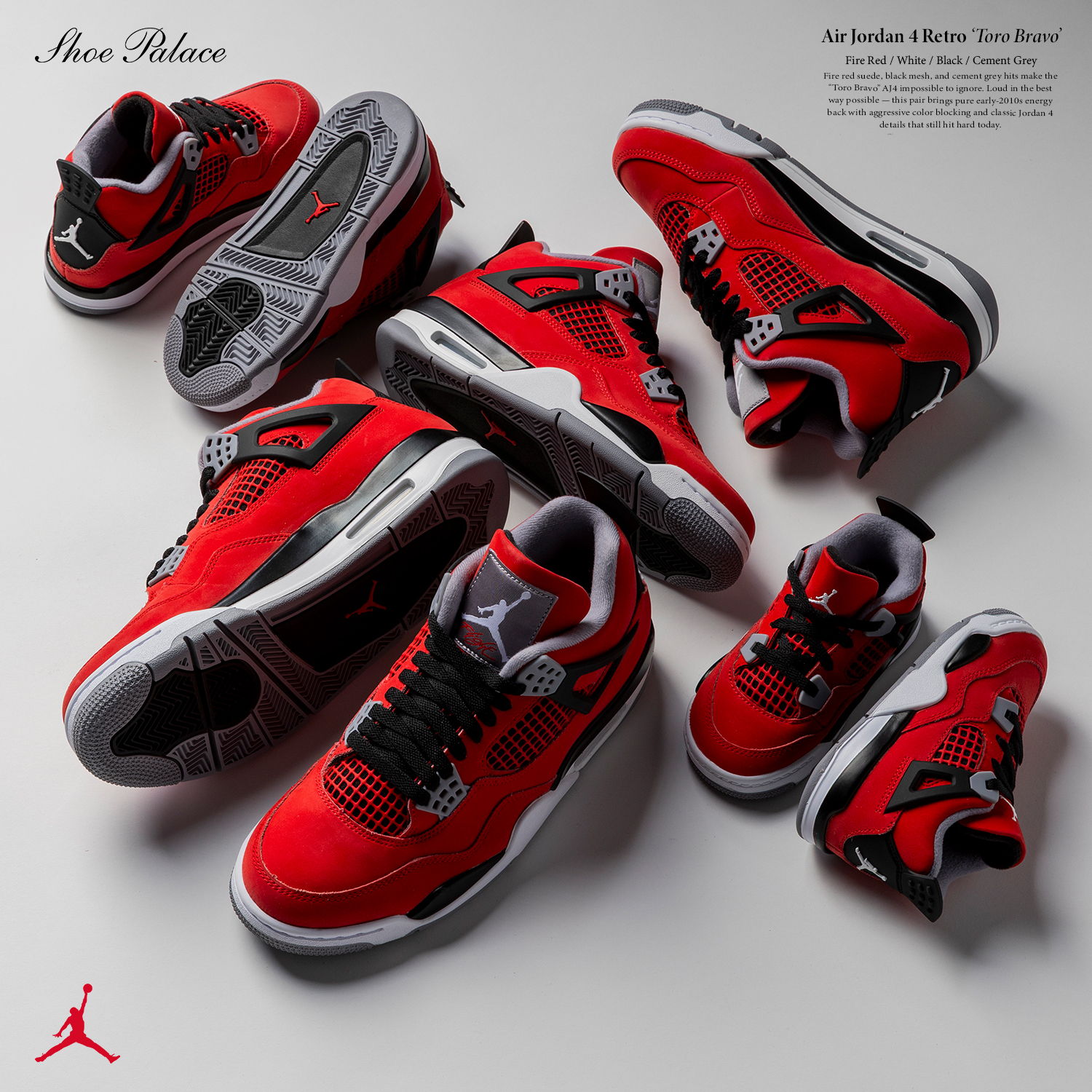 Collection of red Jordan sneakers displayed creatively.