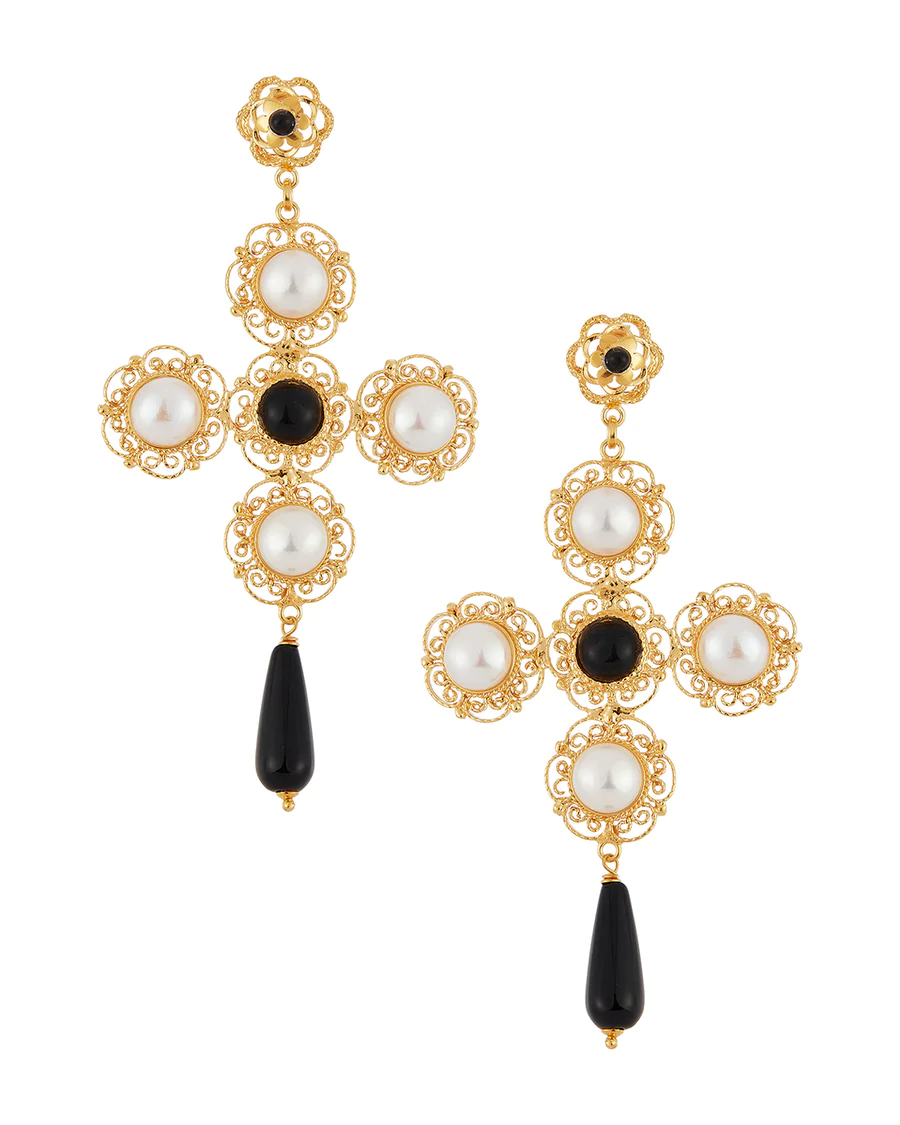Soru Jewellery The Fashion Bug Blog Claudia earrings, 18ct gold plated solid silver, filigree decorative gold and embellished with mini pearls and white iridescent cats eye gemstones.18ct gold plated solid silver, baroque pearls and onyx gemstones