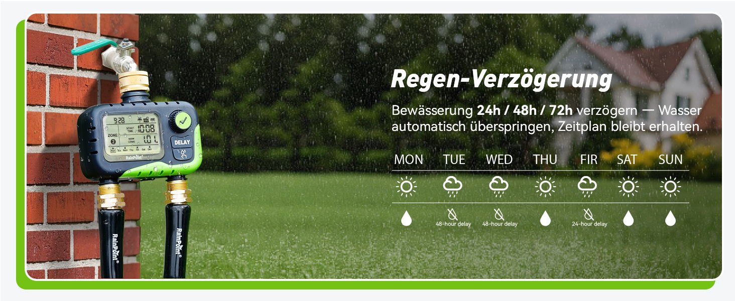 Rain gauge display next to a house and garden.