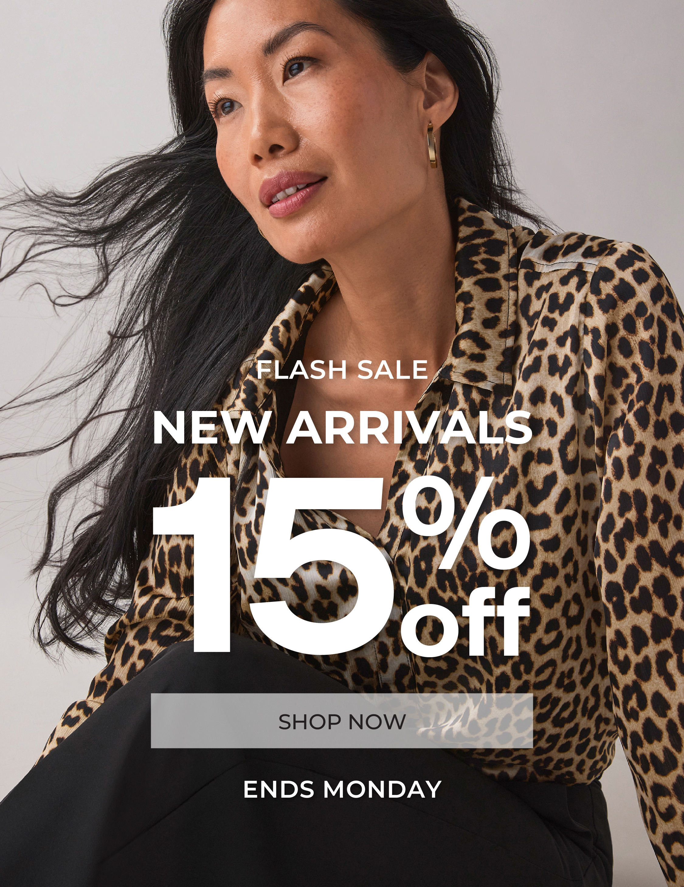 Woman in leopard print jacket promoting a flash sale with discount details.