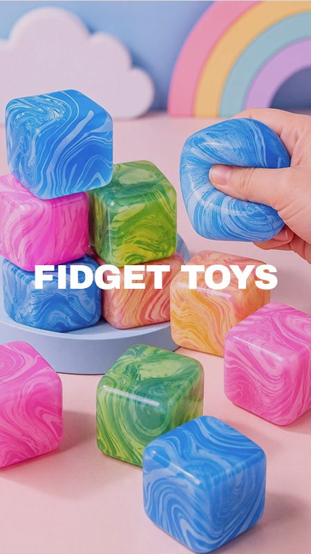 Colorful fidget toys stacked with hand reaching for a blue one.