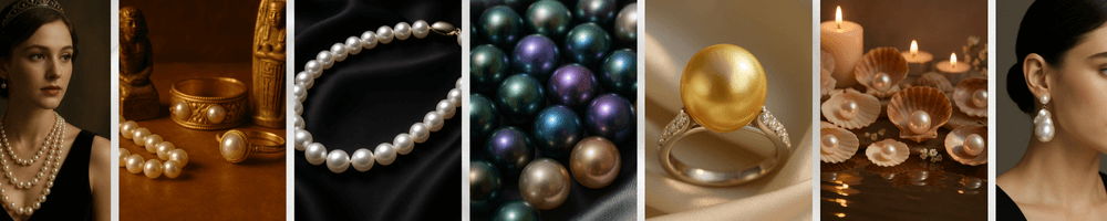 collage of pearl guide images showing woman wearing pearl necklace, antique jewelry with pearls, pearl strands, colorful pearls, golden pearl ring, shells with pearls, and model wearing pearl earrings