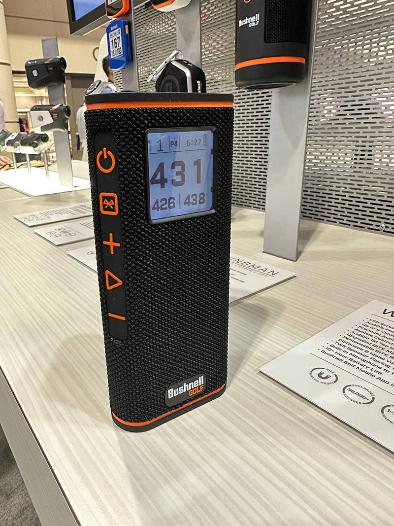 The new Bushnell Wingman View GPS golf speaker with display screen showing yardages to the green 