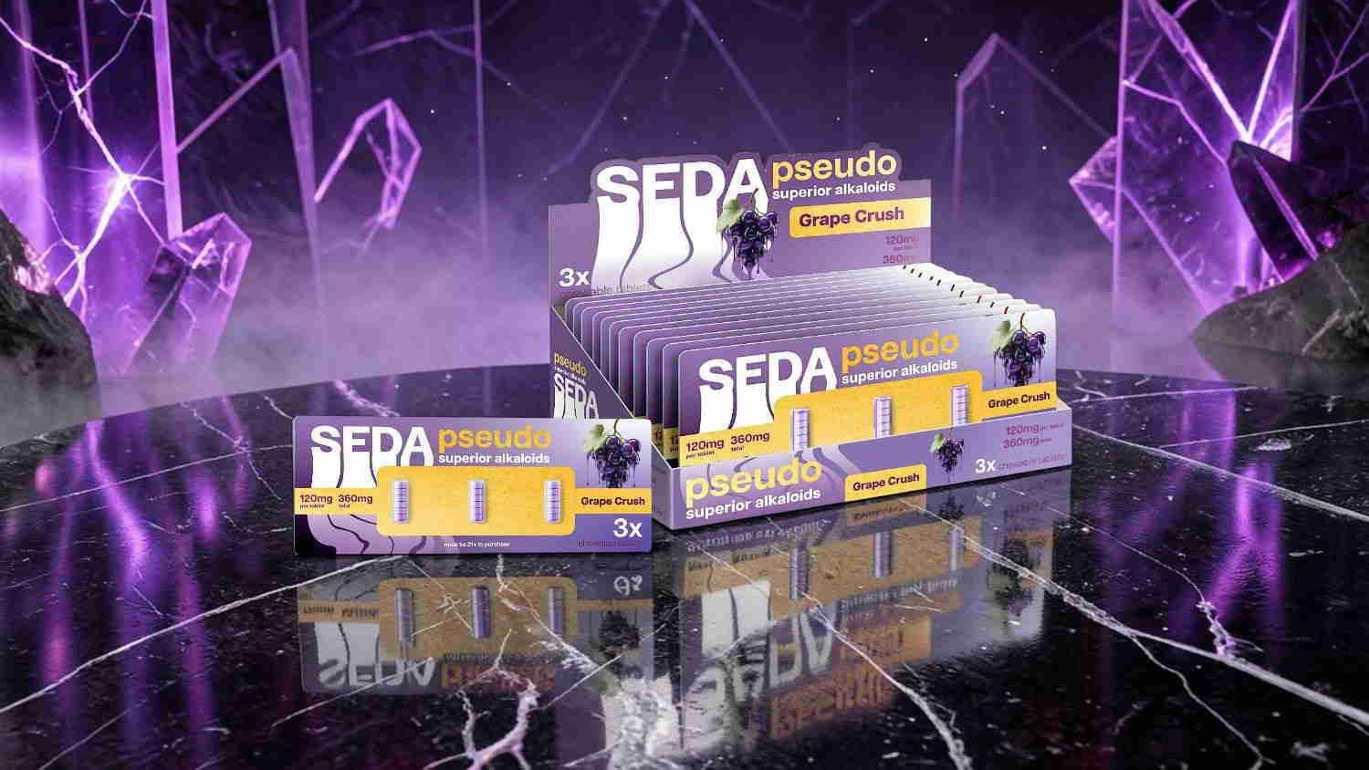 SEDA product display with vibrant purple background and reflective surface.