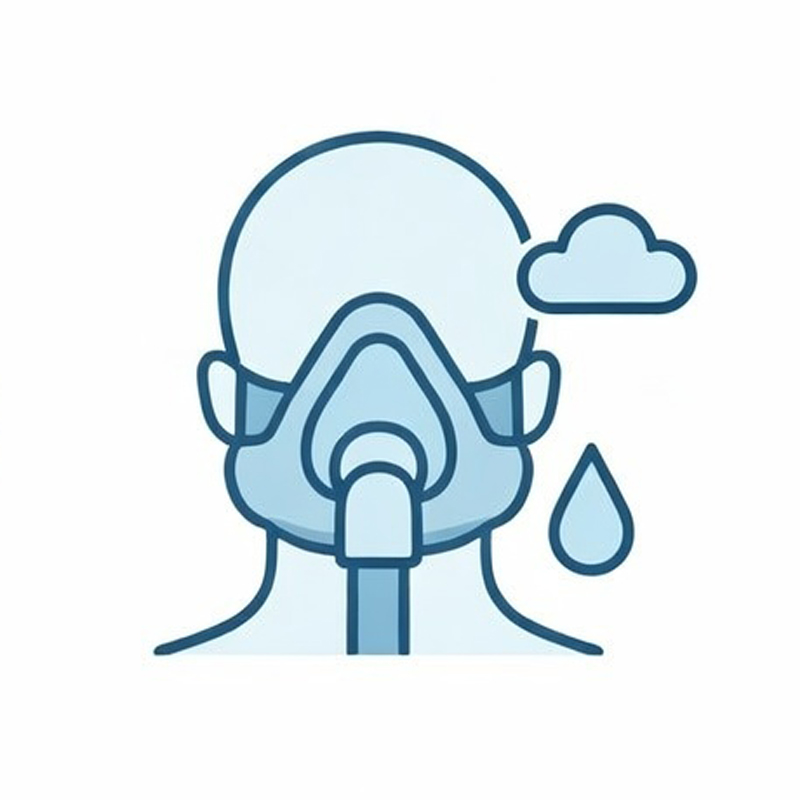 Illustration of a person wearing a breathing mask with water droplets.