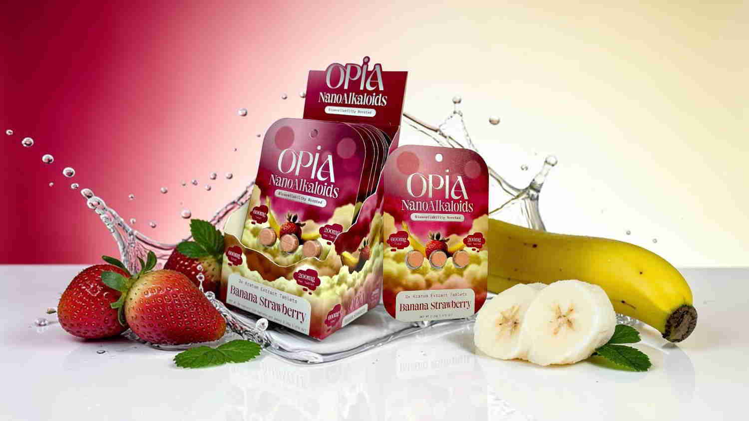 Dessert packaging surrounded by fresh fruits on a colorful background.