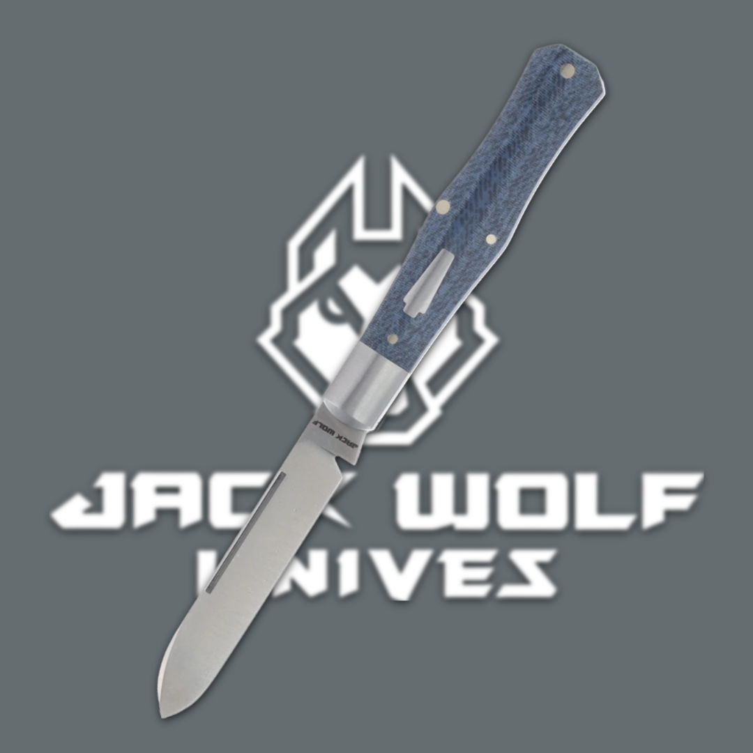 A folding knife with a blue handle and Jack Wolf Knives logo.