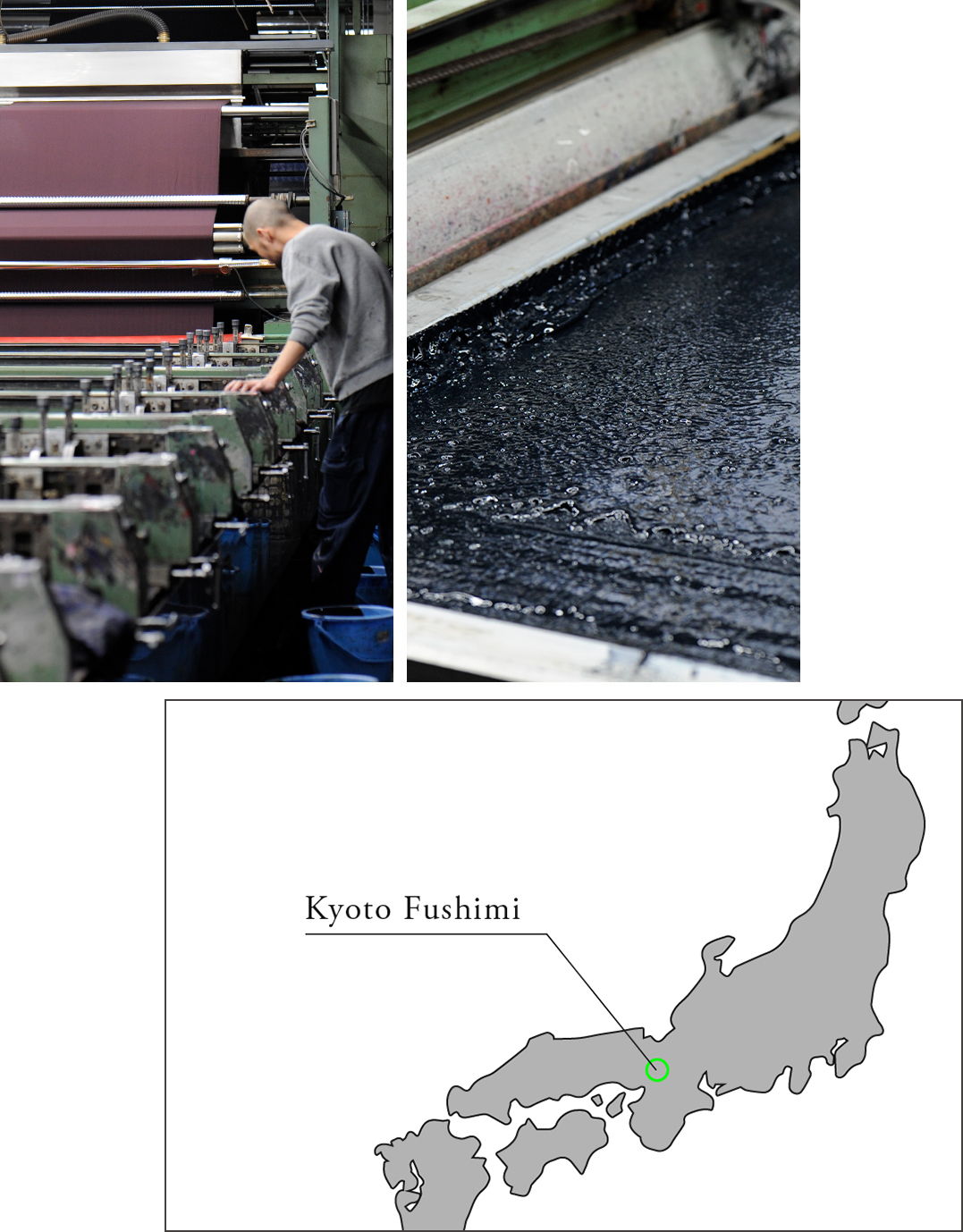 Person working at printing press with map highlighting Kyoto Fushimi.
