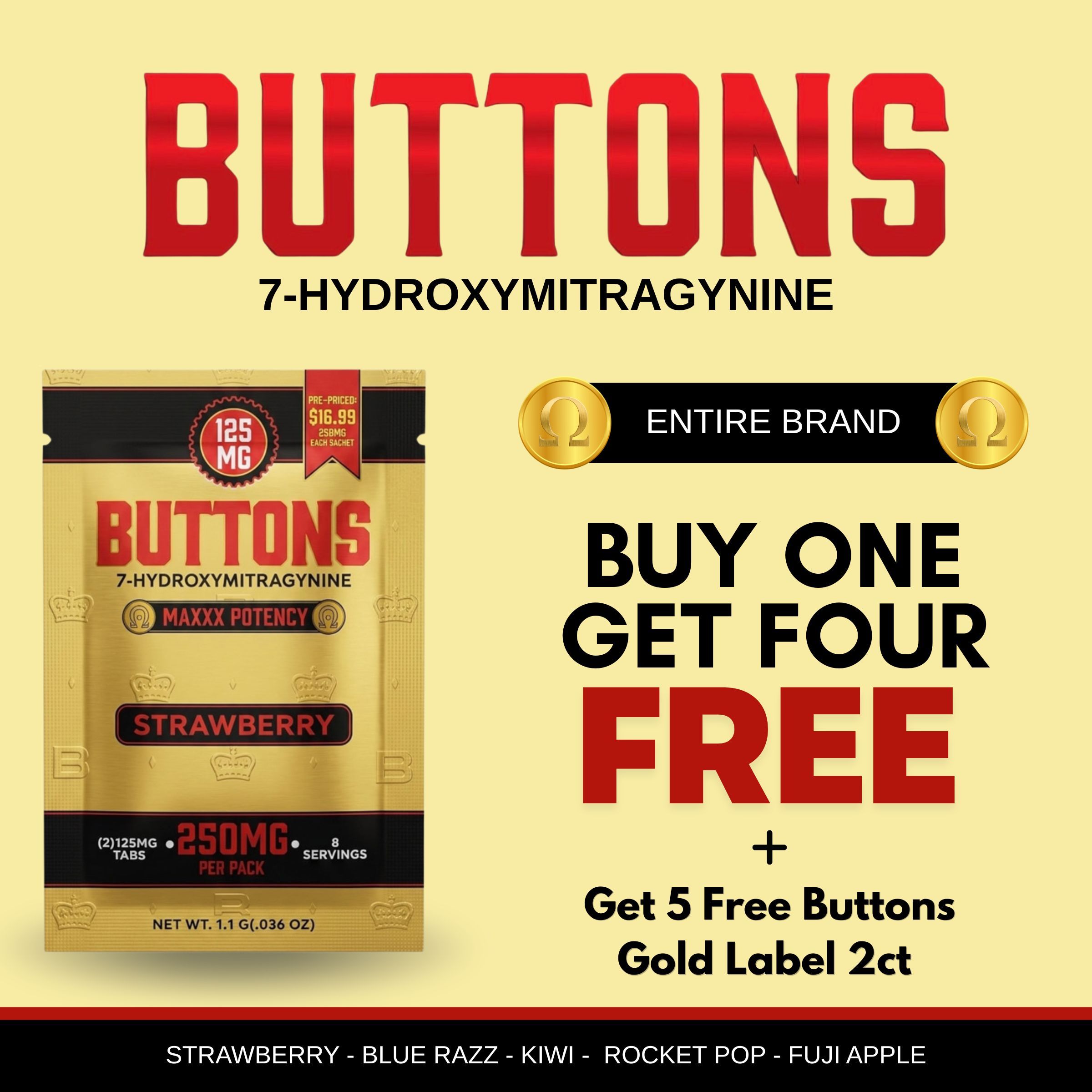 Buttons product advertisement with promotional offer and flavor options listed.
