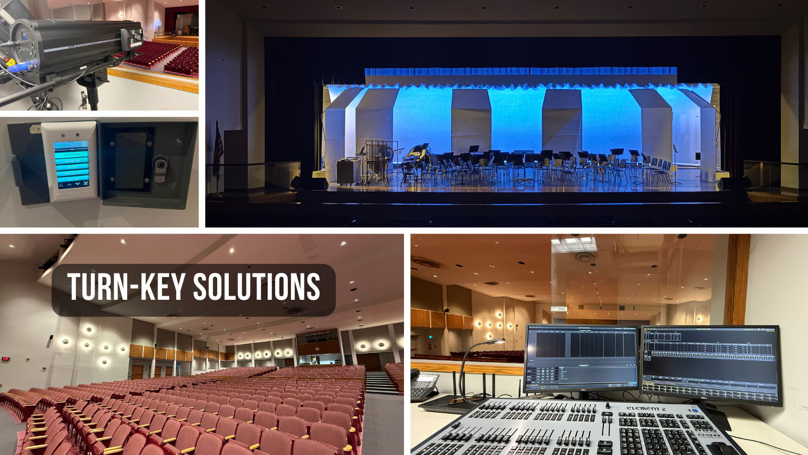 School theatrical upgrade to LED, house lights upgrade, wall station and control upgrade, followspot