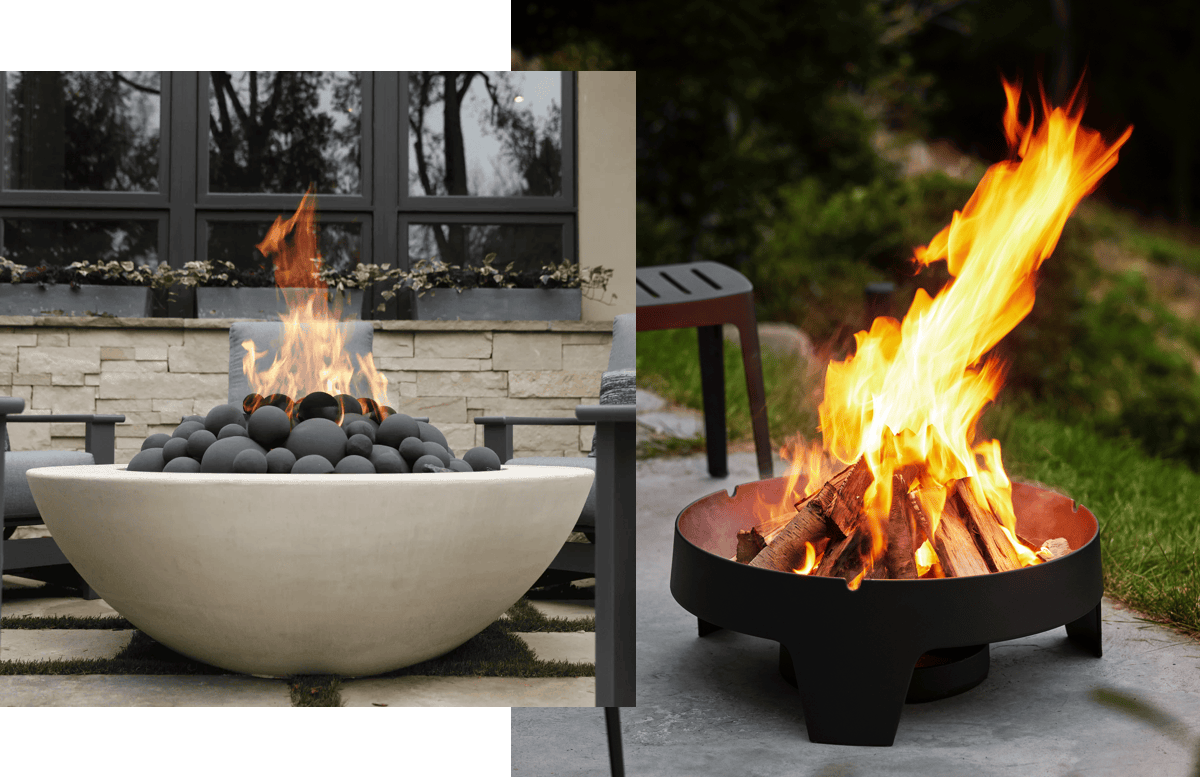 Concrete gas fire bowl with lava rock beside outdoor seating, next to a wood-burning steel fire pit with logs