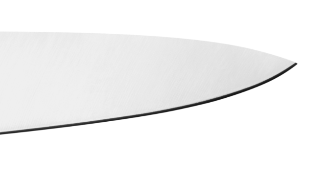 Close view of Misen Utility Knife’s AUS-10 steel blade and tapered, pointed tip, showing narrow 15-degree edge angles.