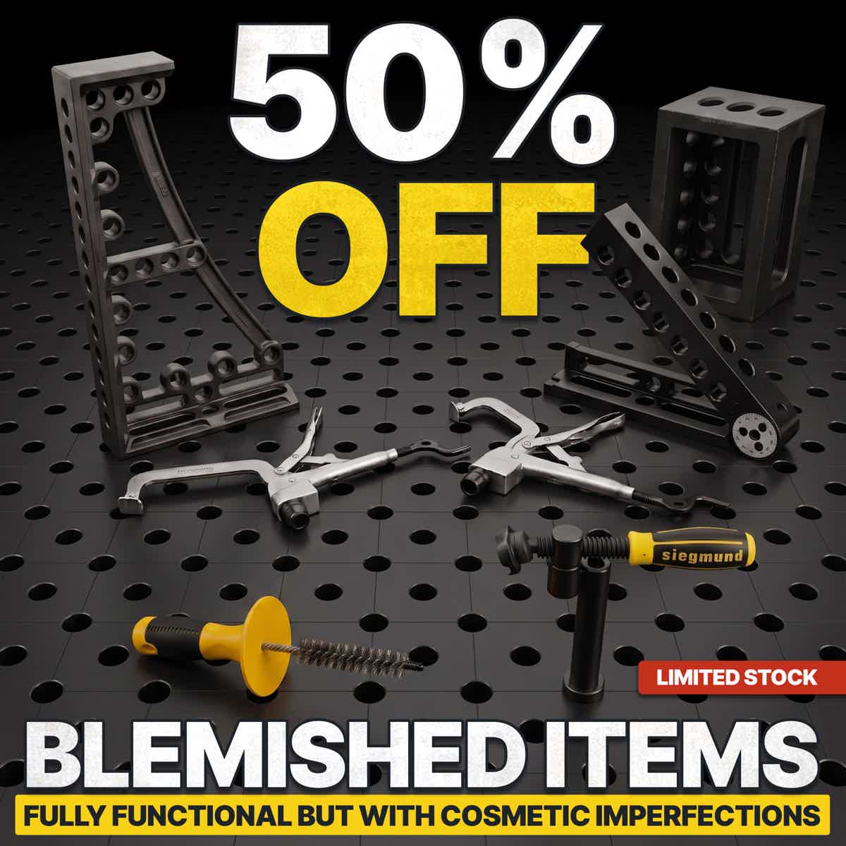 Blemished items, 50% off — fully functional with cosmetic imperfections
