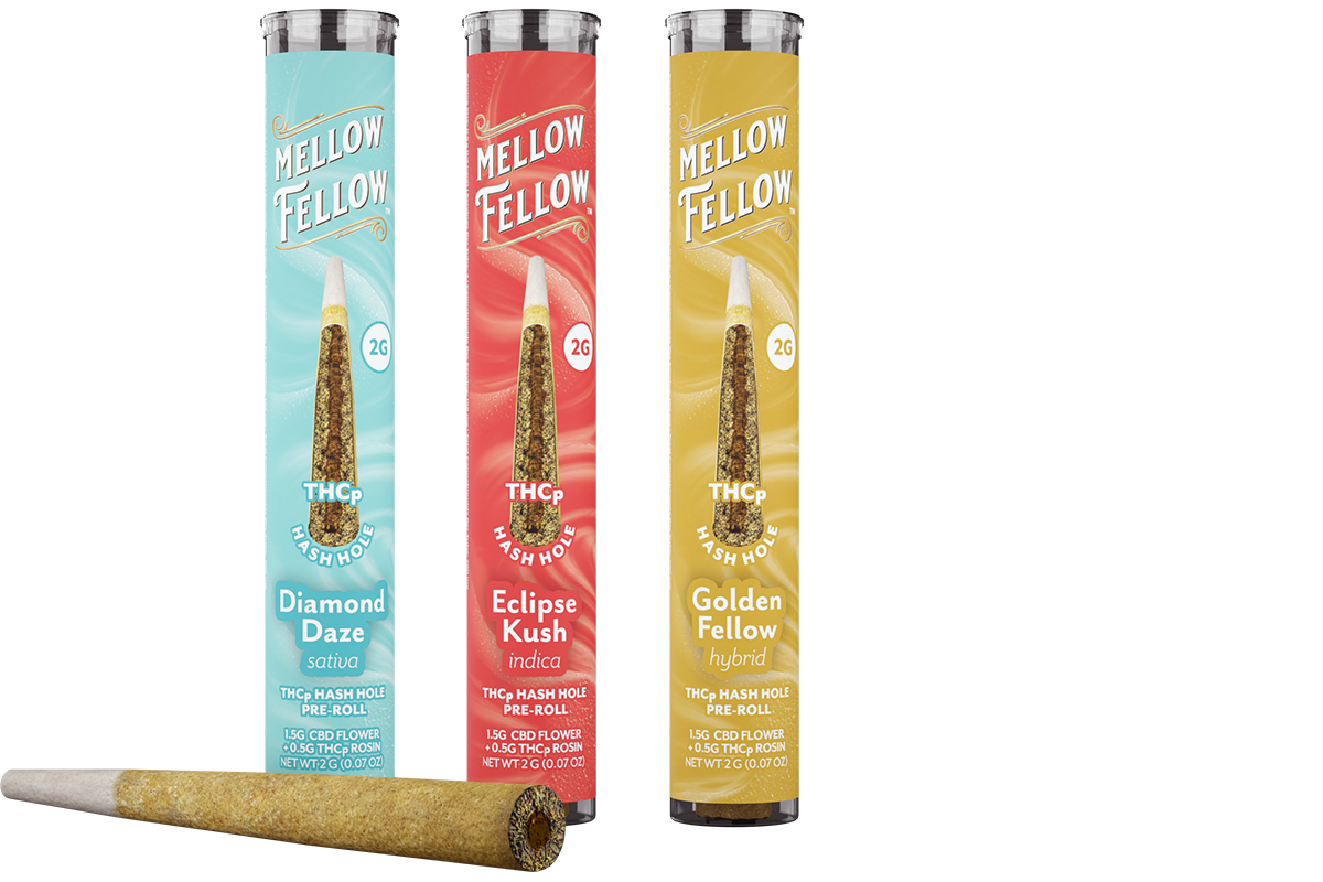 Three colorful tubes of pre-rolled joints with one joint in foreground.