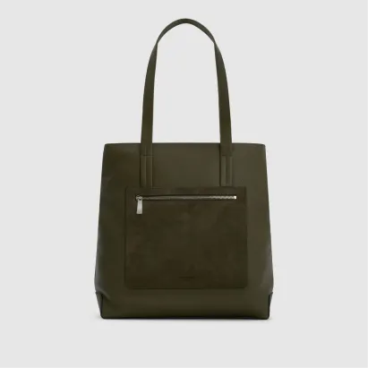 Olive green tote bag with a front zipper pocket and two long handles.