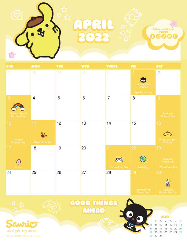 April Friend of the Month calendar featuring Pompompurin
