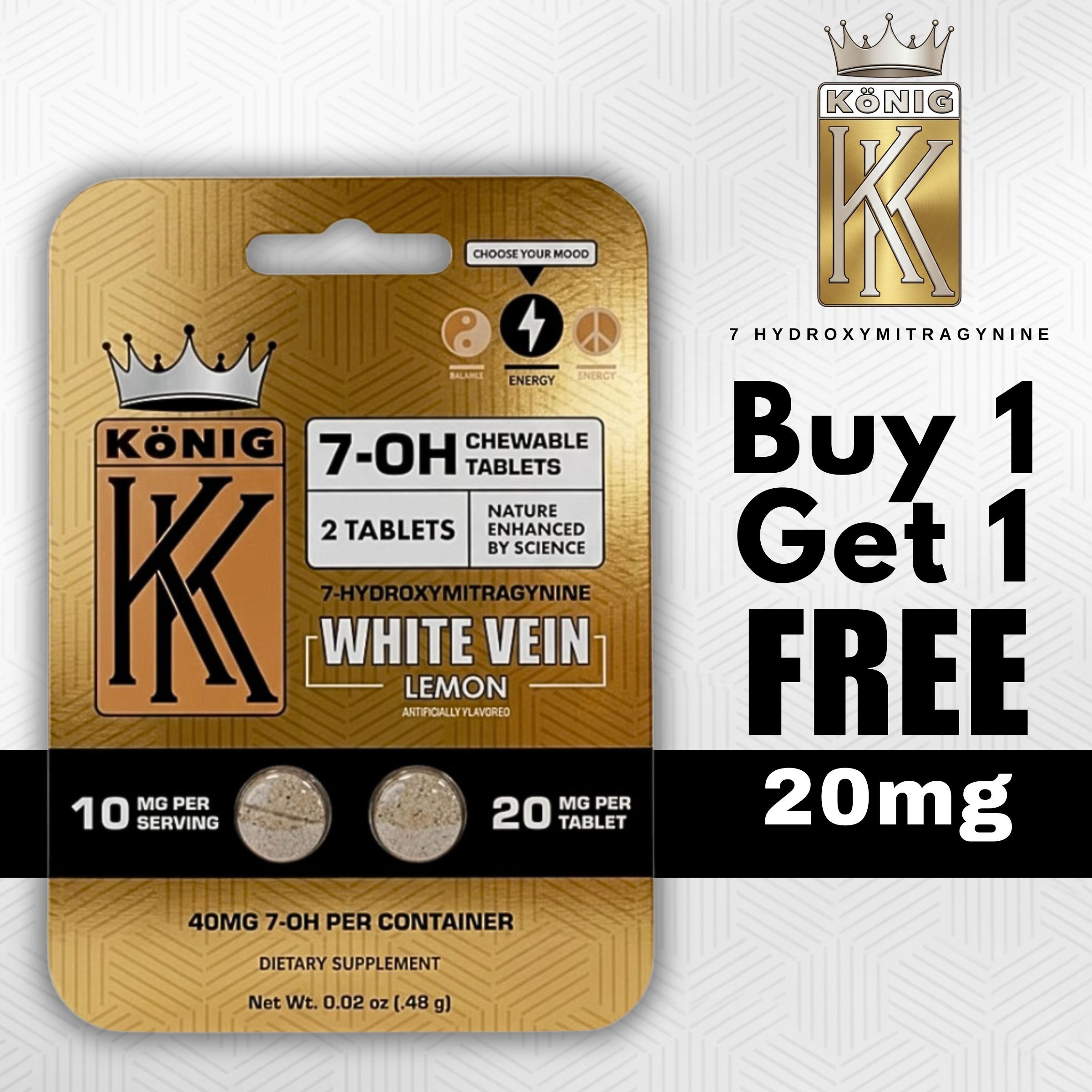 König White Vein tablets, buy one get one free, 20mg, 7-OH, lemon flavor.