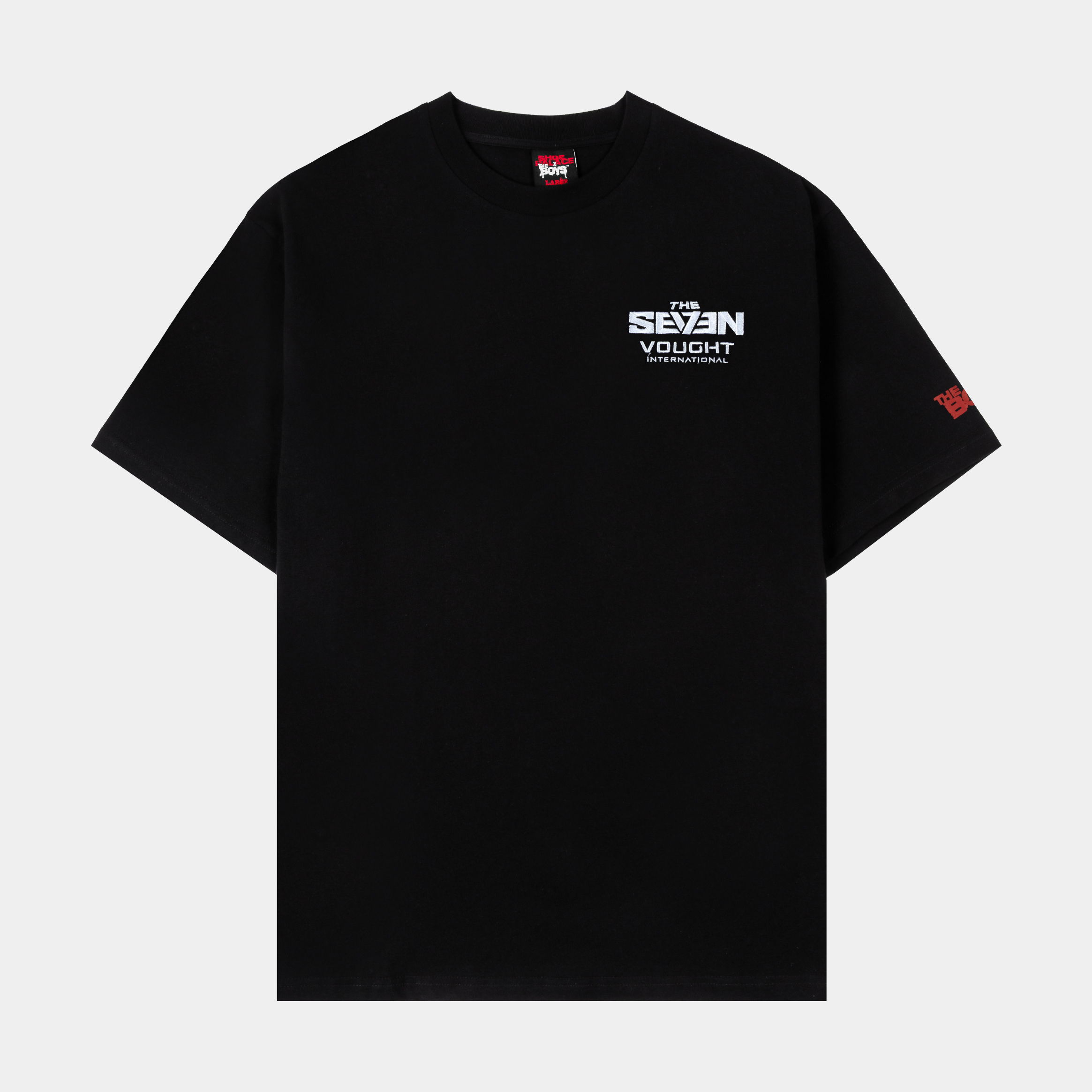 Black t-shirt with a logo on the front and a red tag.