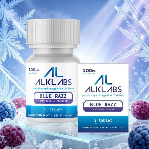 Product packaging for ALKLABS Blue Razz tablets with icy background.
