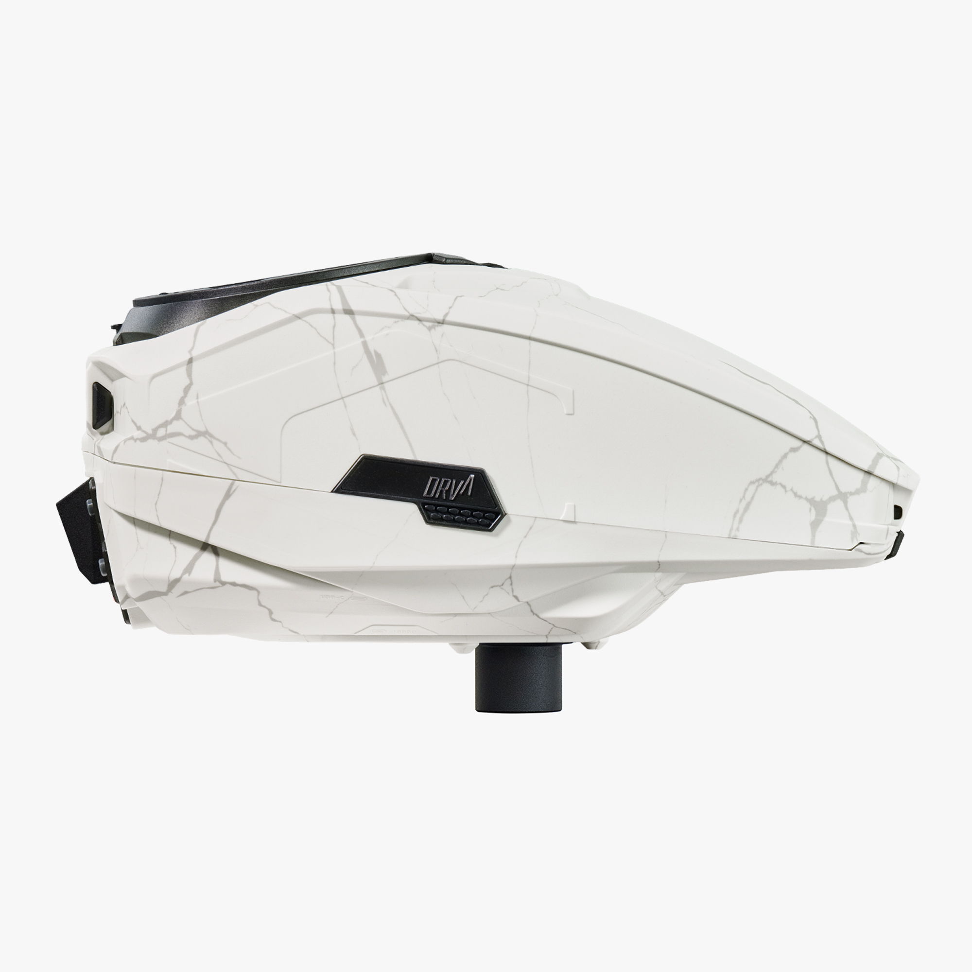 White paintball hopper with a geometric design and black accents.